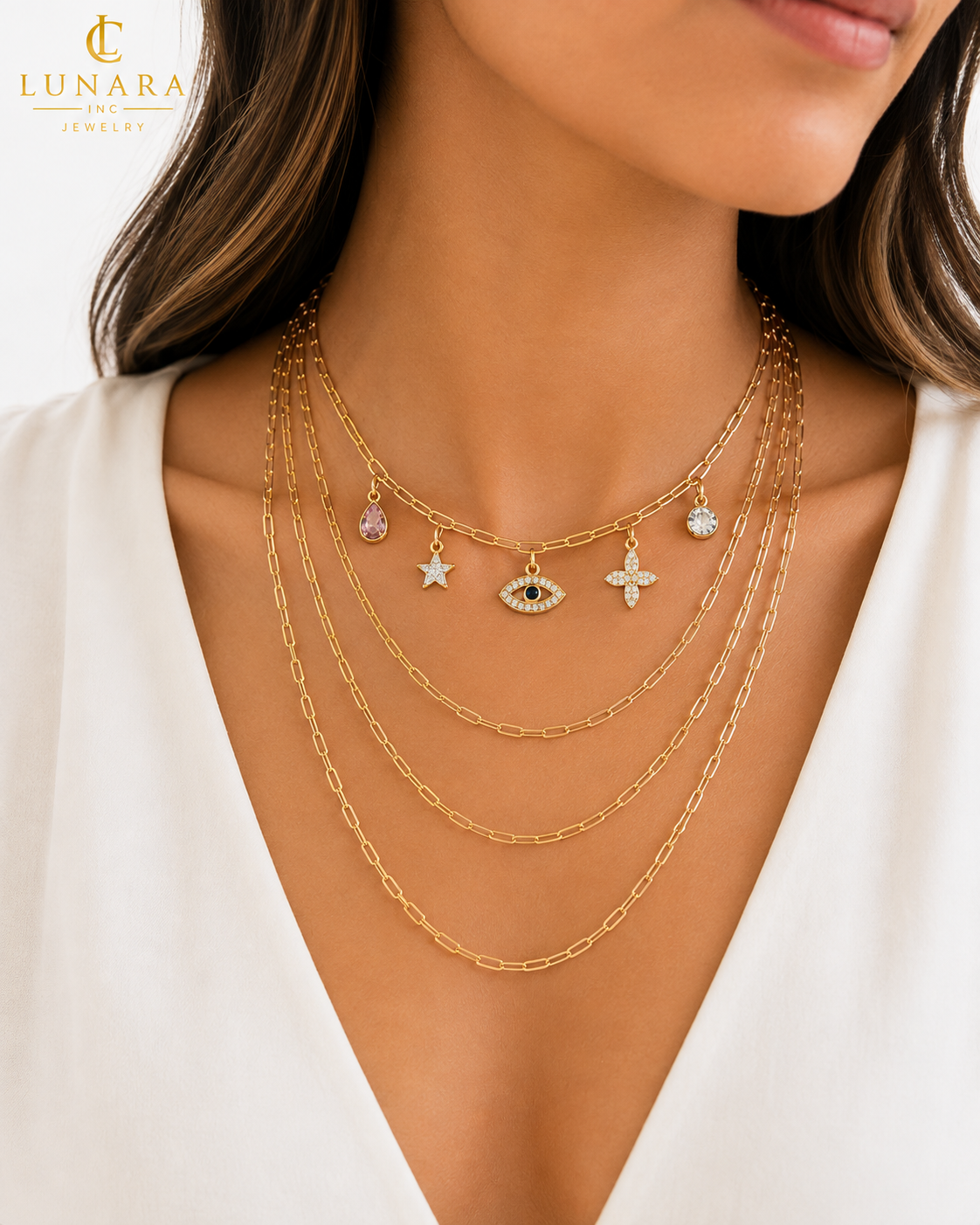 Lunara 14K Gold Layered Paperclip Charm Necklace – 4 Layer Evil Eye & Crystal Charm Necklace for Women