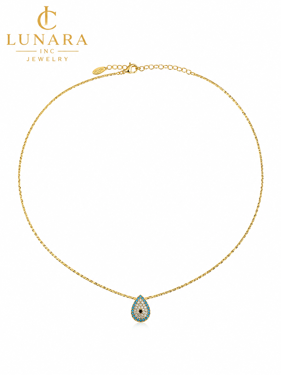 Lunara 14K Gold Evil Eye Teardrop Necklace – Blue CZ Protection Pendant Necklace for Women