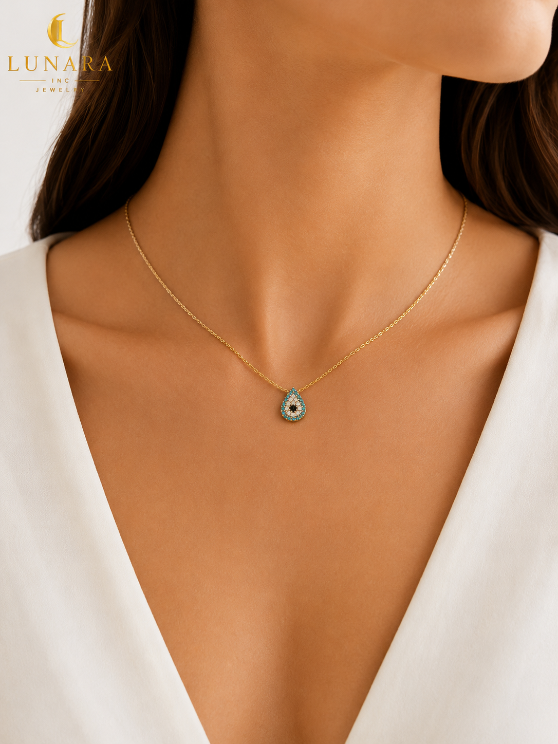 Lunara 14K Gold Evil Eye Teardrop Necklace – Blue CZ Protection Pendant Necklace for Women