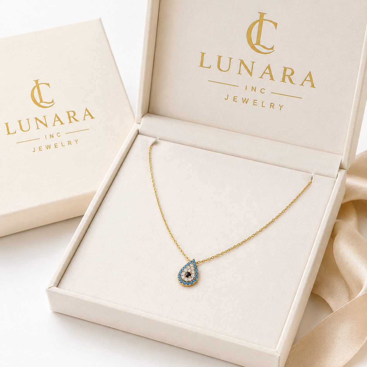 Lunara 14K Gold Evil Eye Teardrop Necklace – Blue CZ Protection Pendant Necklace for Women