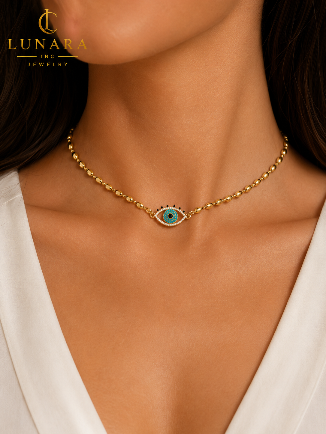 Lunara 14K Gold Evil Eye Choker Necklace – Blue CZ Protection Necklace for Women