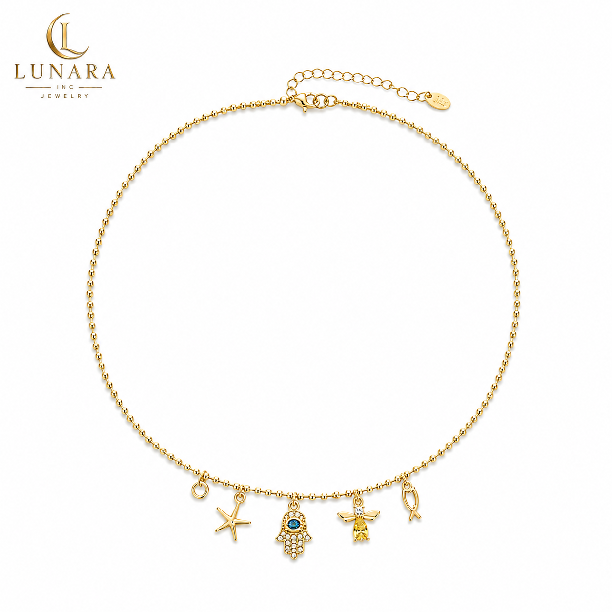 Lucky Charm Beaded Choker Necklace – Gold Tone | Hamsa, Starfish, Angel & Fish Charms | Adjustable