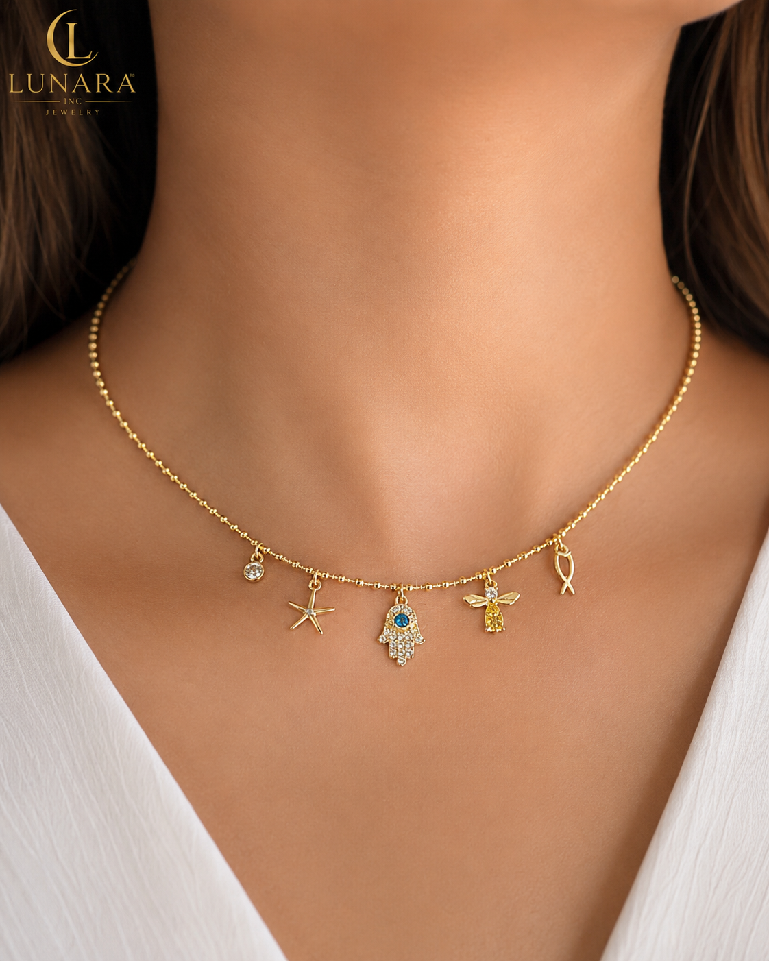 Lucky Charm Beaded Choker Necklace – Gold Tone | Hamsa, Starfish, Angel & Fish Charms | Adjustable