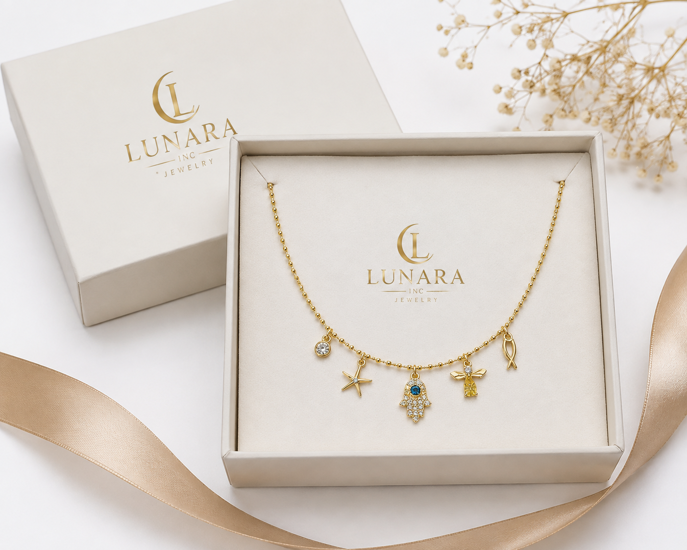 Lucky Charm Beaded Choker Necklace – Gold Tone | Hamsa, Starfish, Angel & Fish Charms | Adjustable
