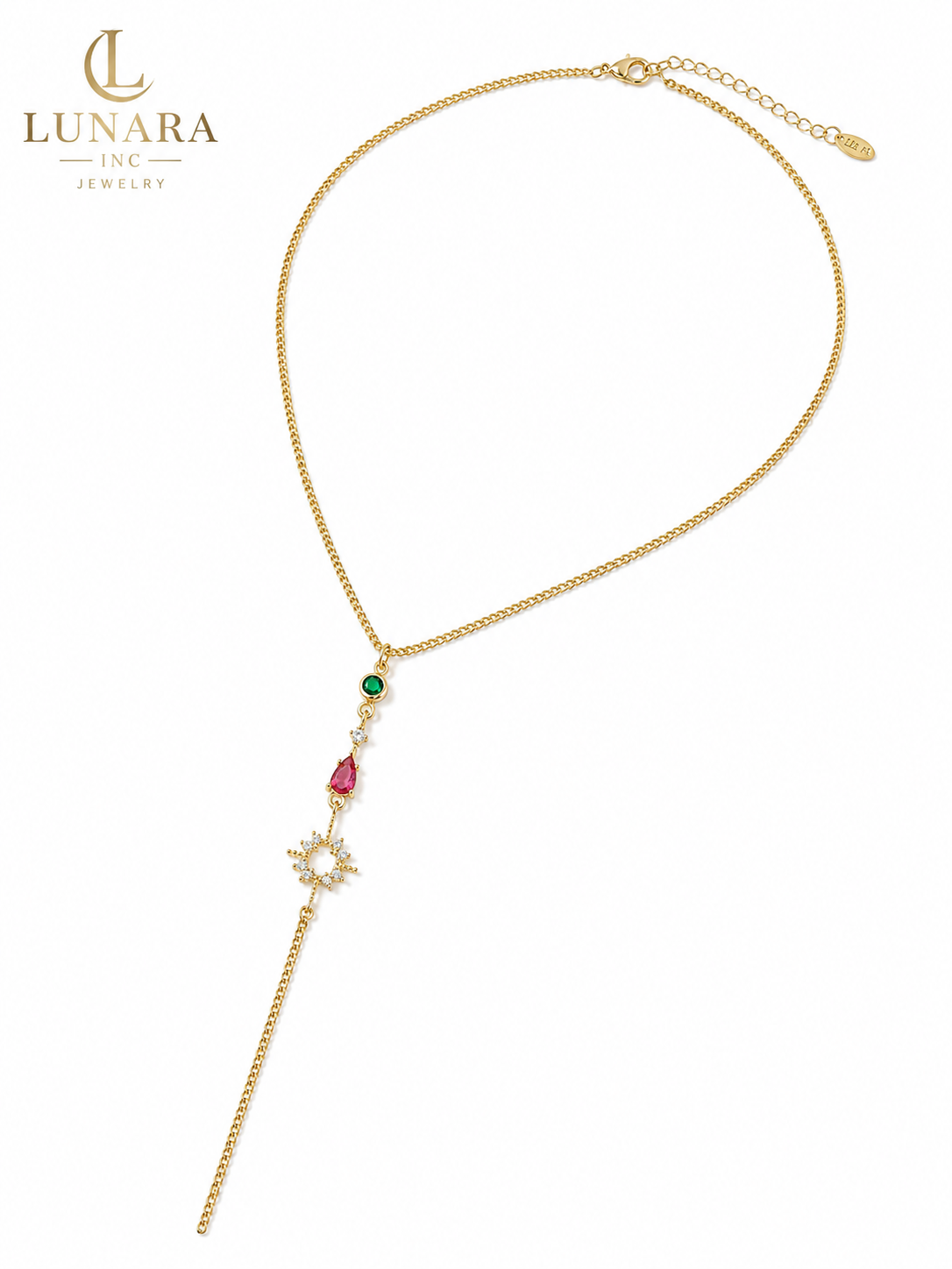 Gold Lariat Necklace with Emerald, Ruby & Sunburst Charm – Adjustable Y Necklace