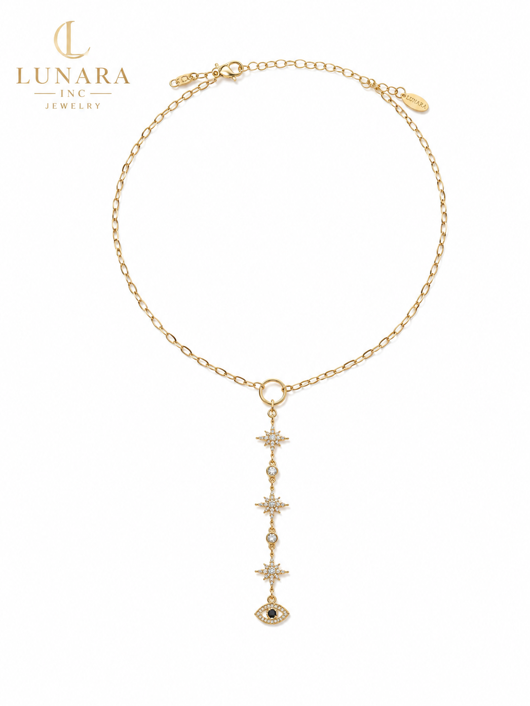 Celestial Evil Eye Y Necklace – Gold Dainty Lariat Necklace with North Star Charms