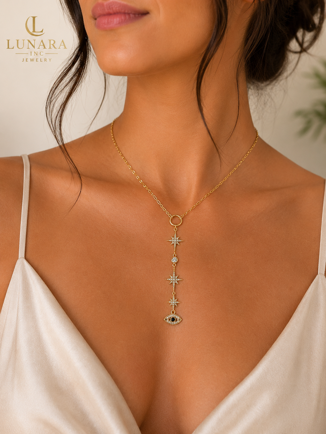Celestial Evil Eye Y Necklace – Gold Dainty Lariat Necklace with North Star Charms