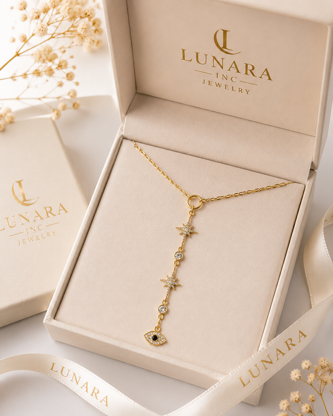 Celestial Evil Eye Y Necklace – Gold Dainty Lariat Necklace with North Star Charms