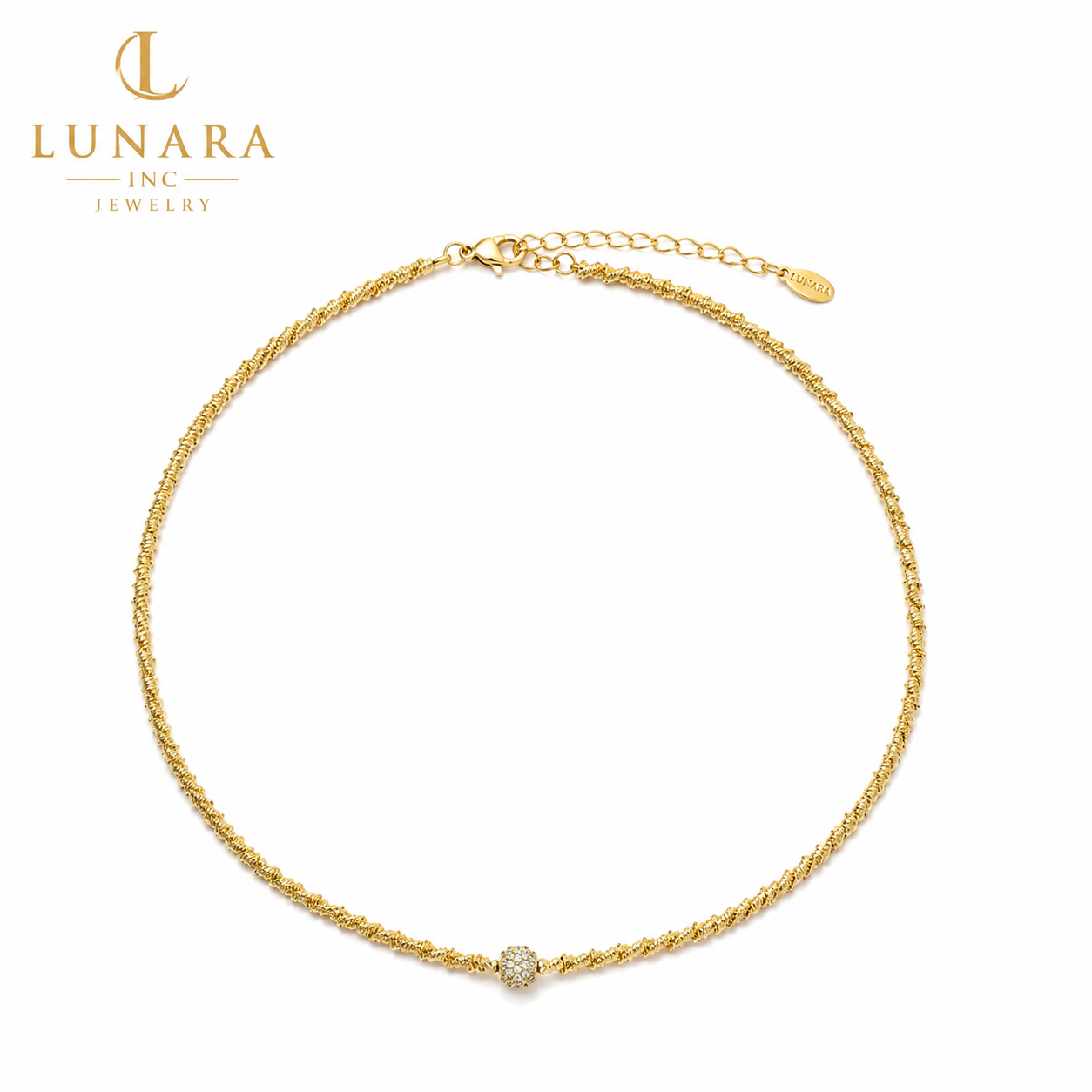 Gold Twisted Choker Necklace with Pavé Crystal Bead – Adjustable Dainty Necklace