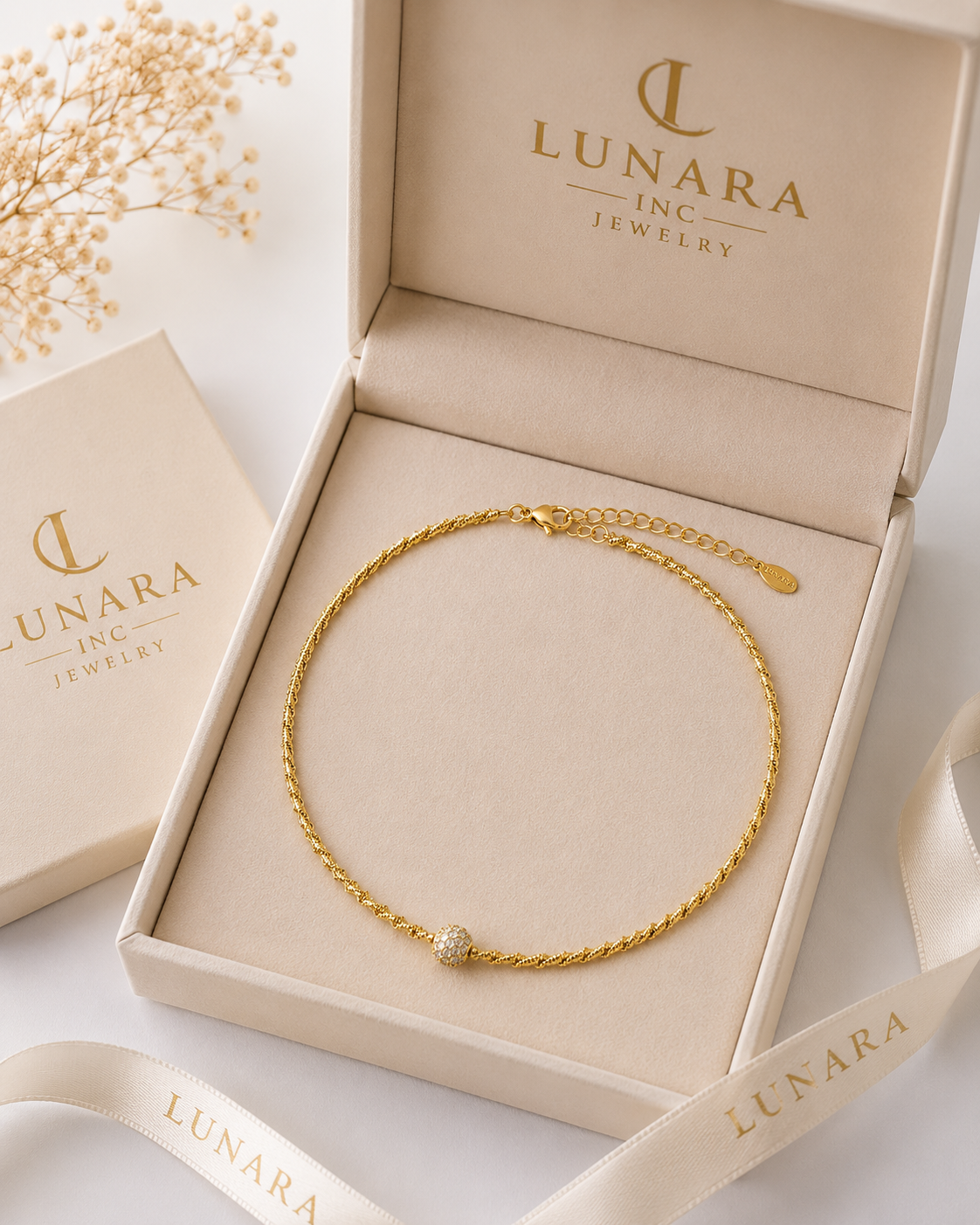 Gold Twisted Choker Necklace with Pavé Crystal Bead – Adjustable Dainty Necklace