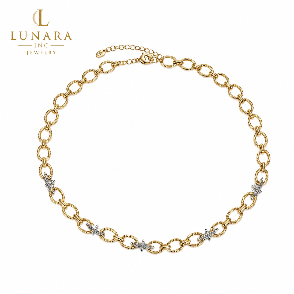 Two-Tone Oval Link Necklace with Crystal Cross Accents – Gold Adjustable Choker