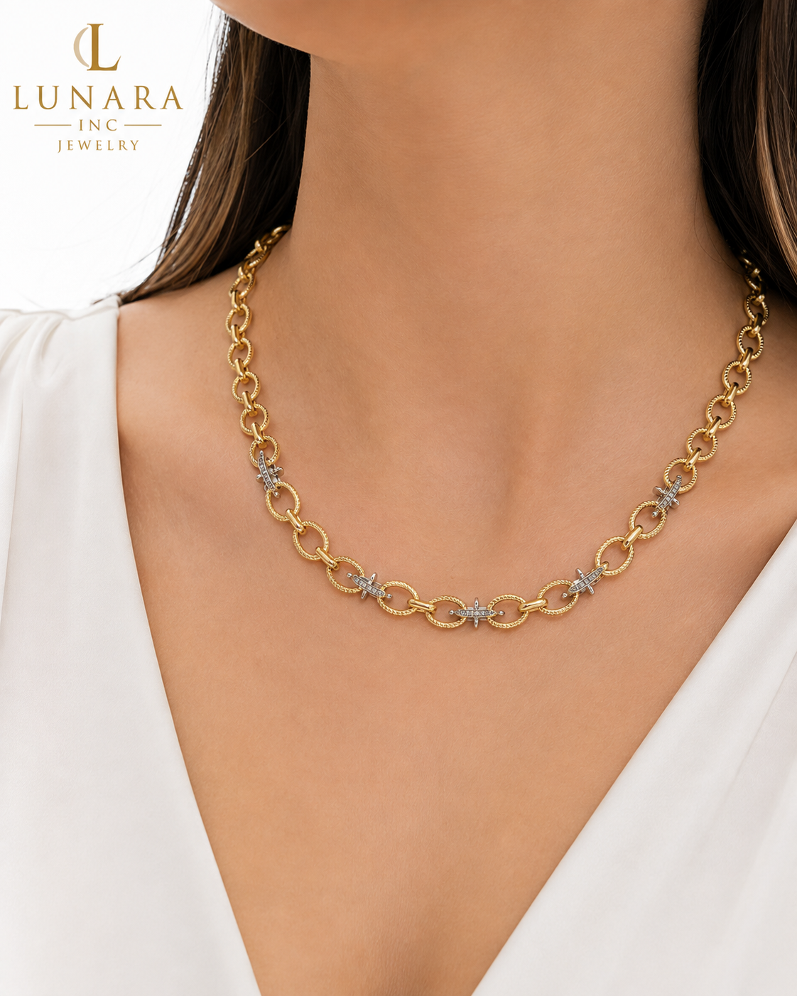 Two-Tone Oval Link Necklace with Crystal Cross Accents – Gold Adjustable Choker