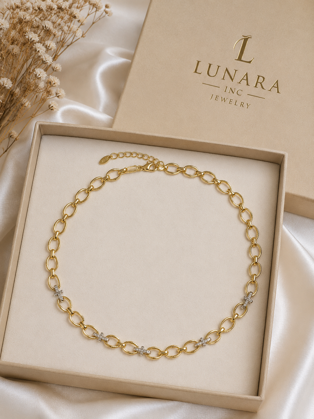 Two-Tone Oval Link Necklace with Crystal Cross Accents – Gold Adjustable Choker