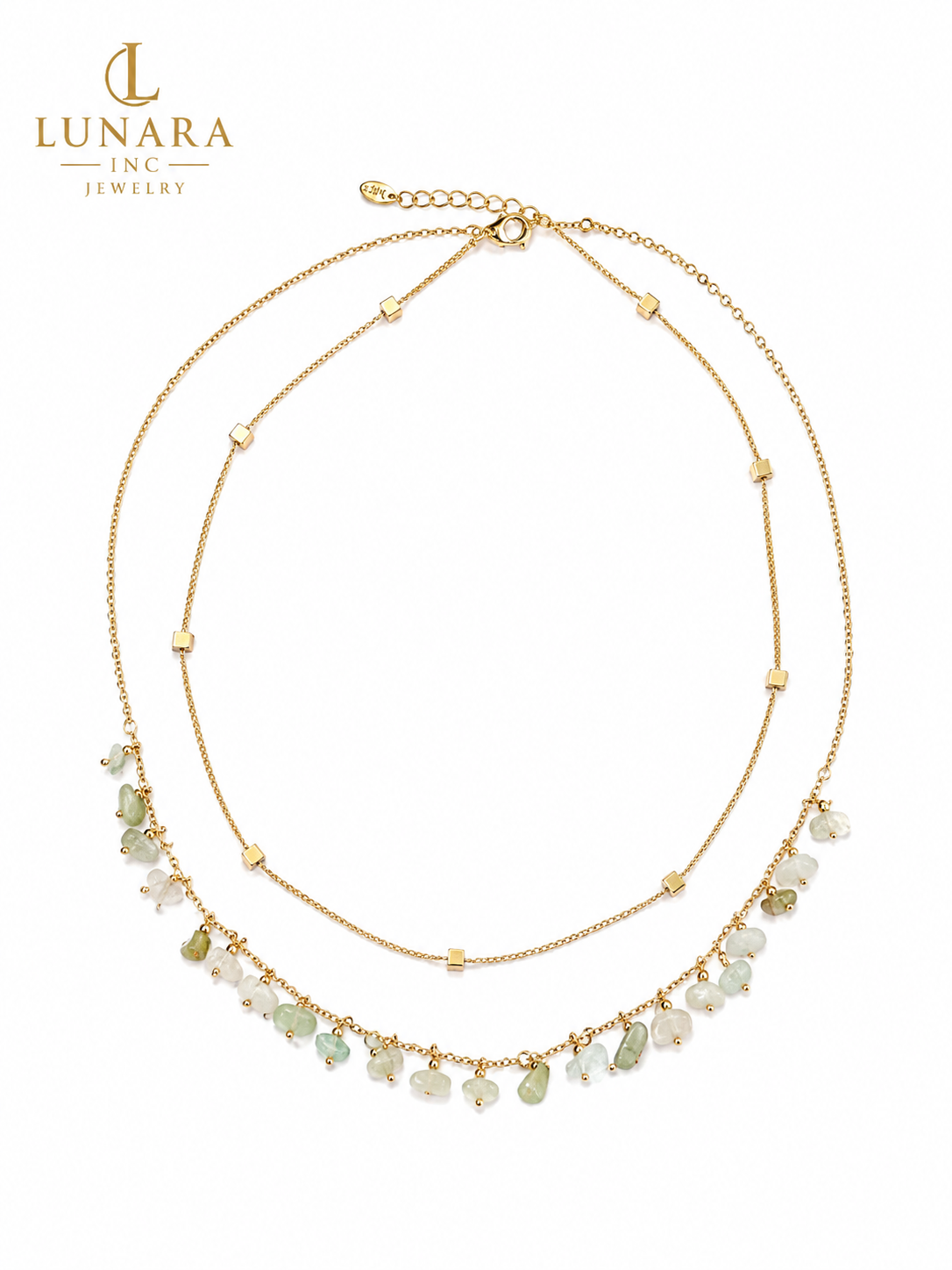 Layered Natural Green Stone Necklace Set – Gold Double Layer Choker with Cube Beads