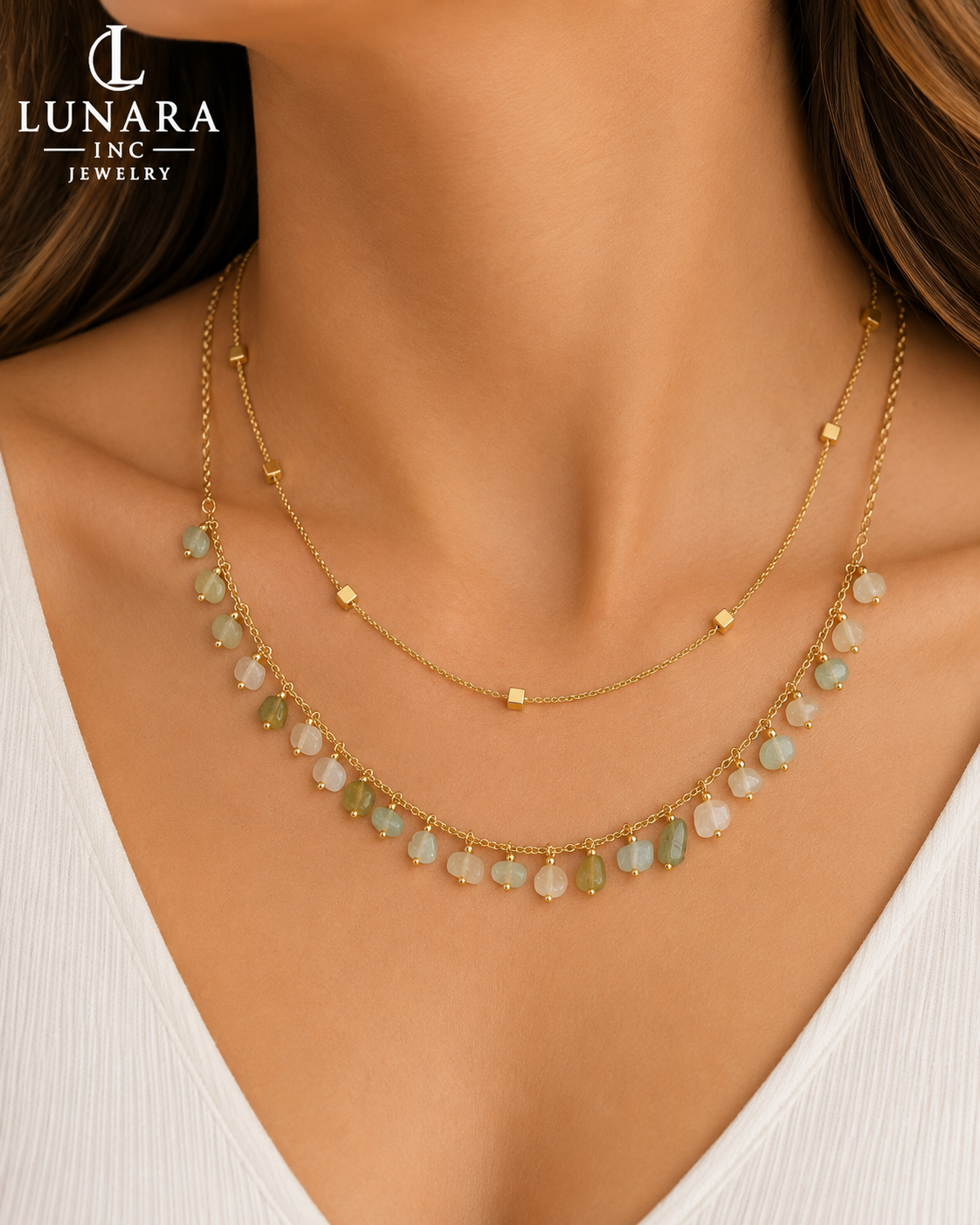Layered Natural Green Stone Necklace Set – Gold Double Layer Choker with Cube Beads