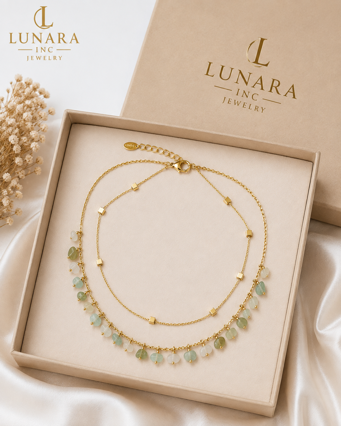 Layered Natural Green Stone Necklace Set – Gold Double Layer Choker with Cube Beads