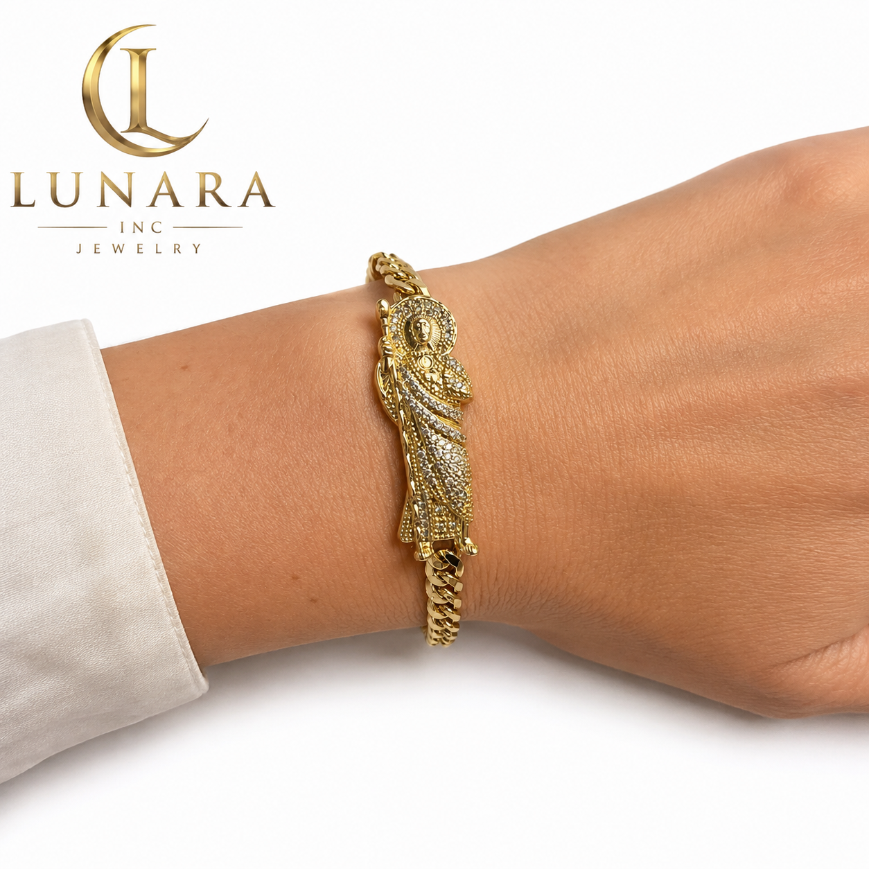 Gold Figaro Chain Saint Jude Bracelet with CZ Stones – Religious Link Bracelet