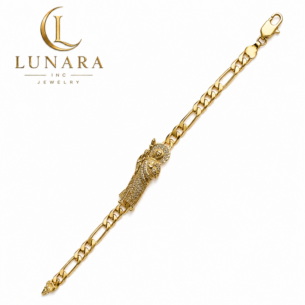 Gold Figaro Chain Saint Jude Bracelet with CZ Stones – Religious Link Bracelet
