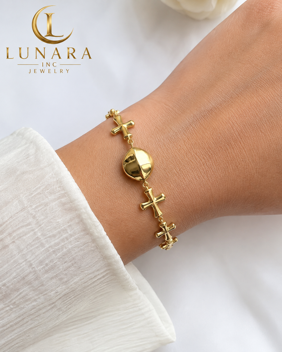 Gold Cross Bracelet with Center Bead – Adjustable Faith Bracelet for Women