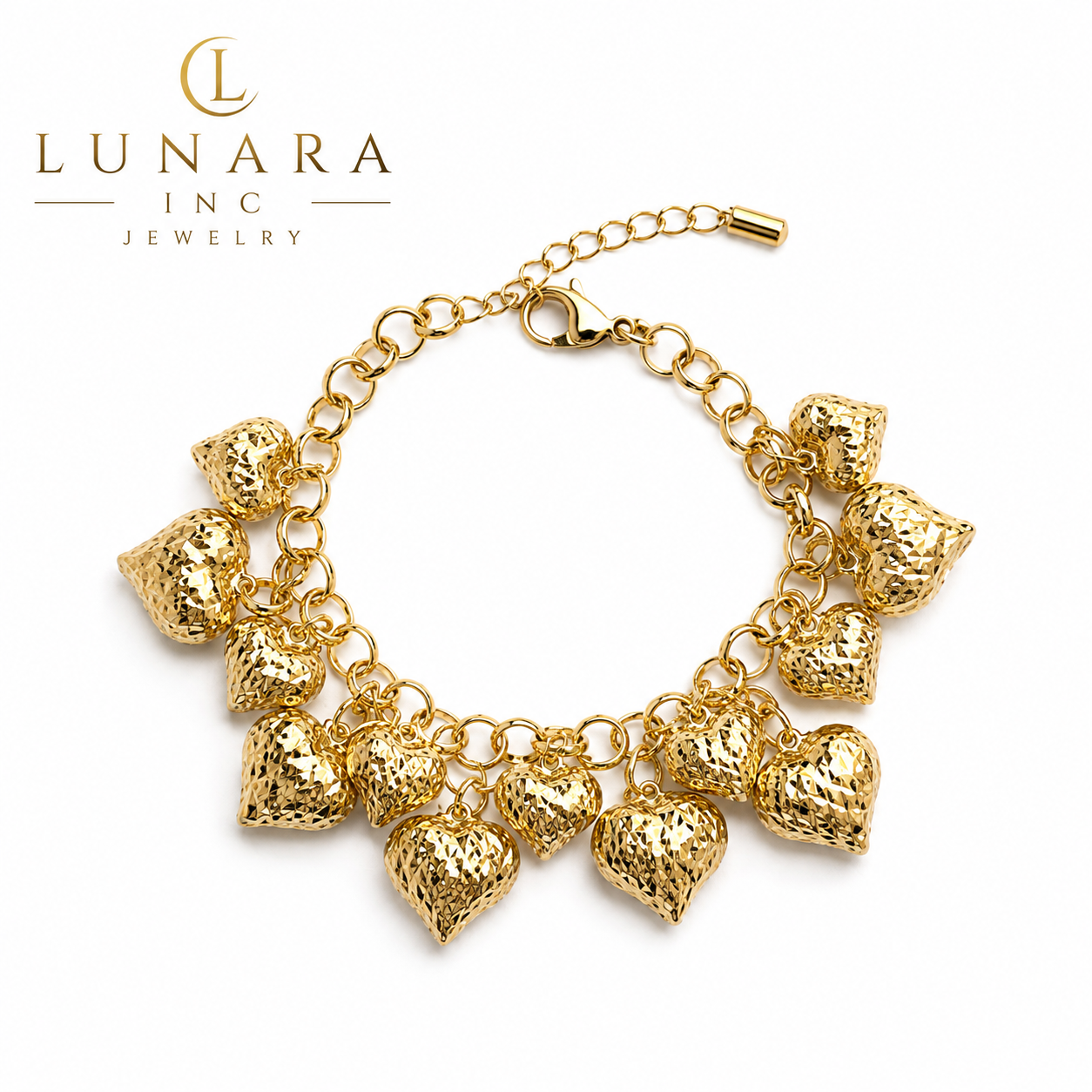 Golden Diamond-Cut Heart Charm Bracelet