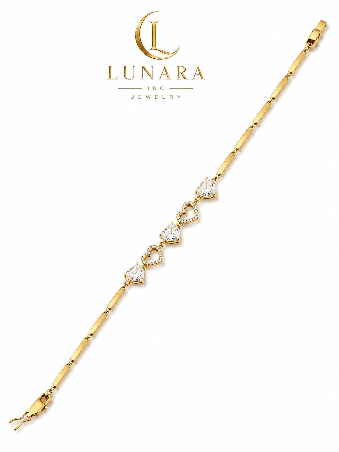 Gold Heart Crystal Bracelet – Alternating Open Heart & CZ Heart Charms