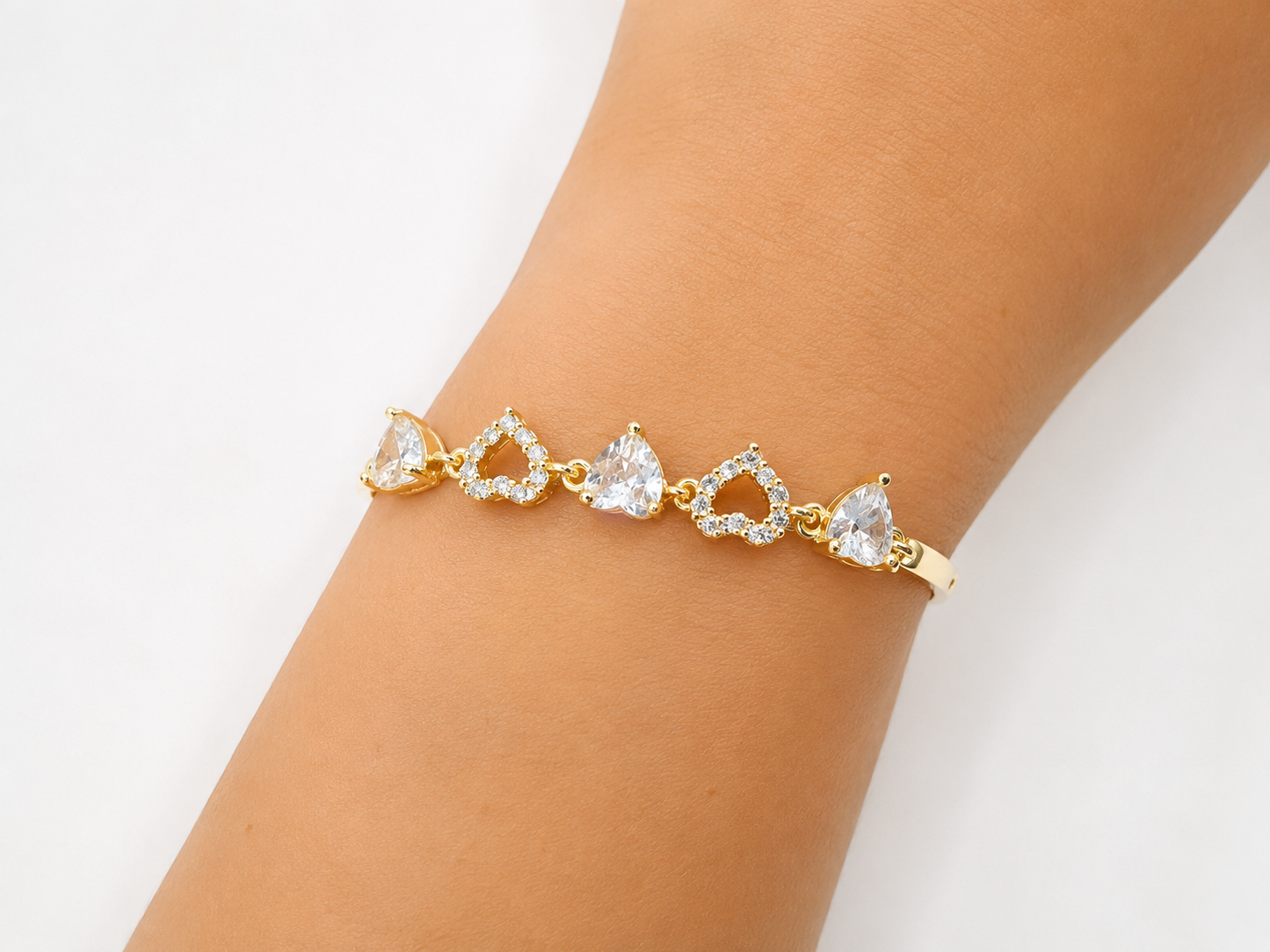 Gold Heart Crystal Bracelet – Alternating Open Heart & CZ Heart Charms