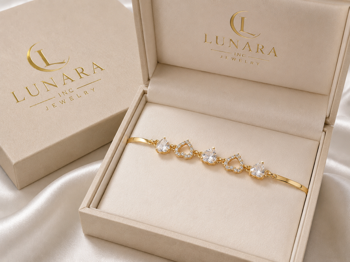 Gold Heart Crystal Bracelet – Alternating Open Heart & CZ Heart Charms
