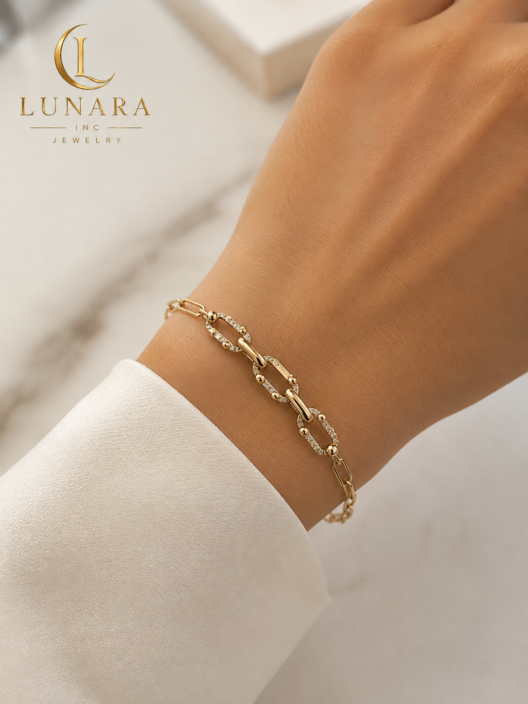 Lunara Gold Paperclip Link Bracelet with Pavé Crystal Accents
