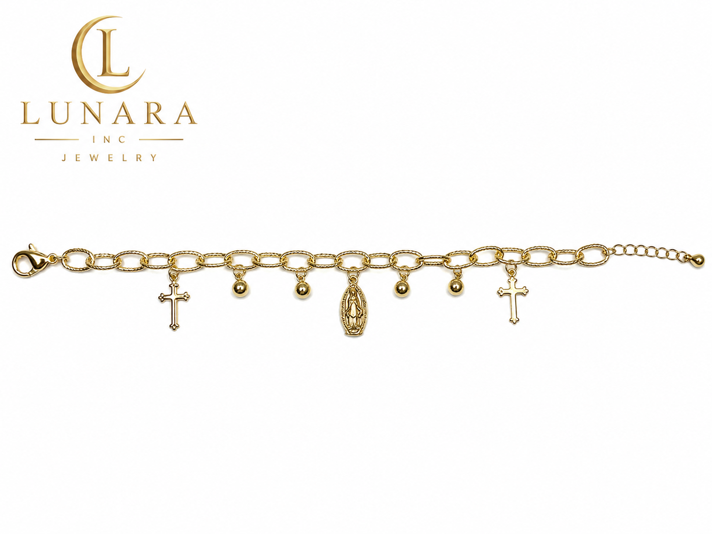 Gold Filled Virgin Mary Charm Bracelet with Cross Charms