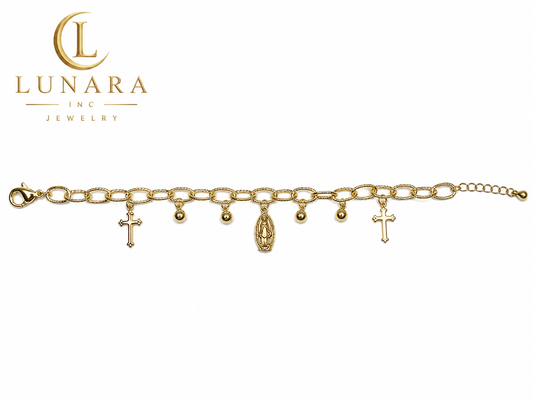 Gold Filled Virgin Mary Charm Bracelet with Cross Charms