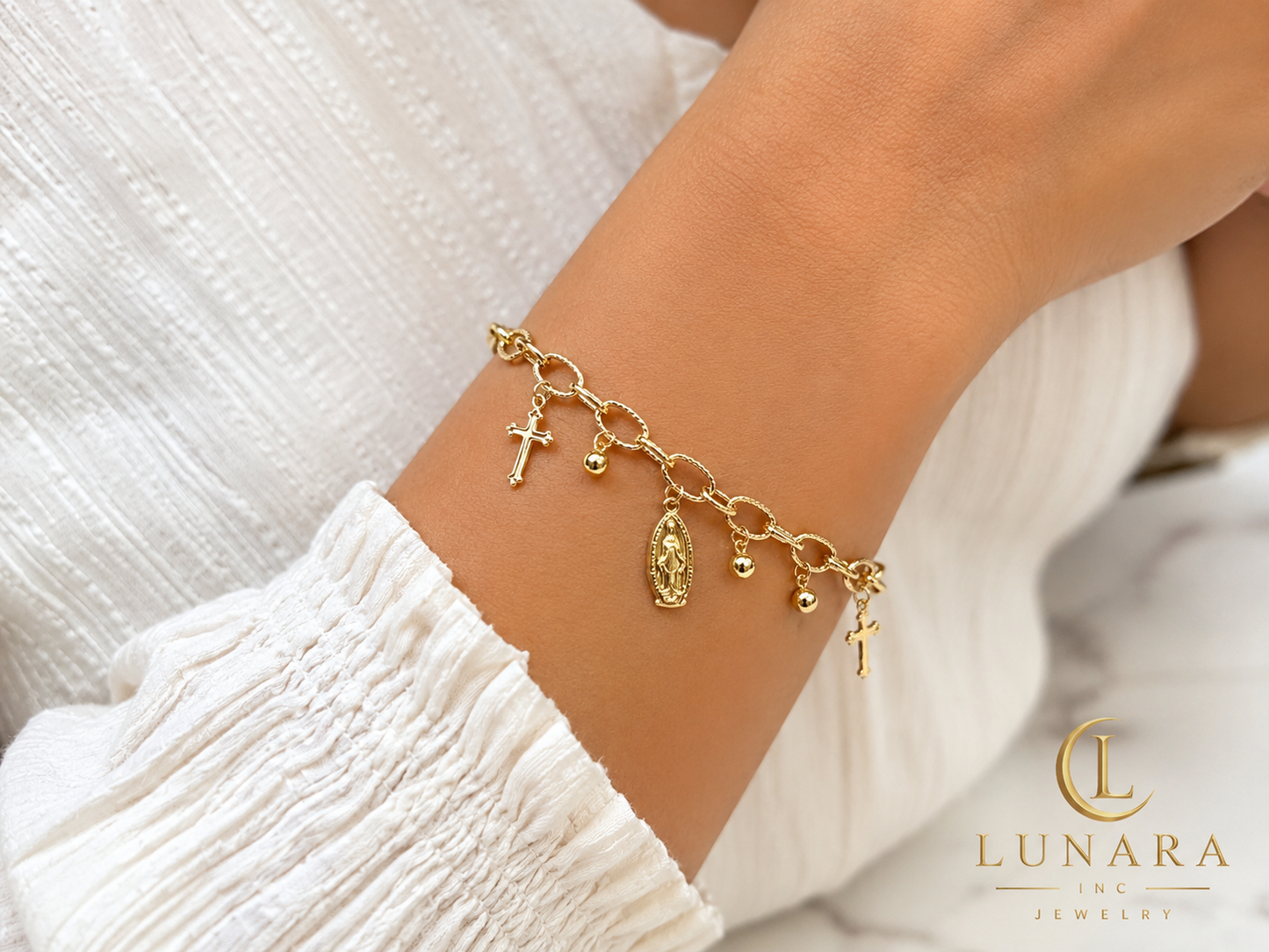 Gold Filled Virgin Mary Charm Bracelet with Cross Charms