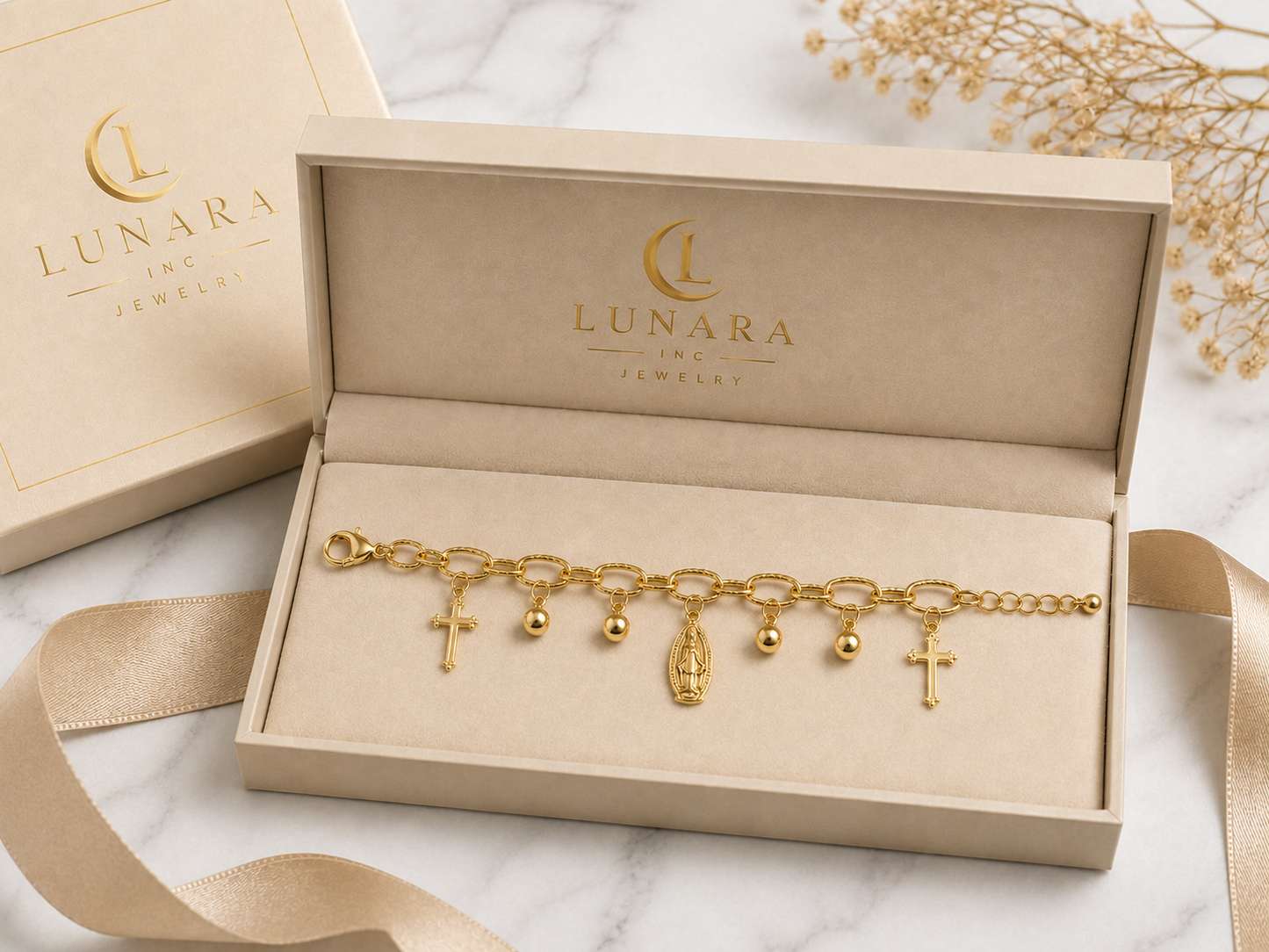 Gold Filled Virgin Mary Charm Bracelet with Cross Charms