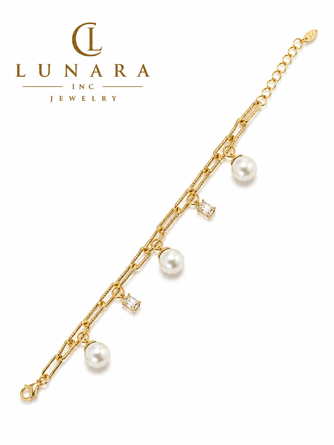 Pearl & Baguette Charm Gold Bracelet