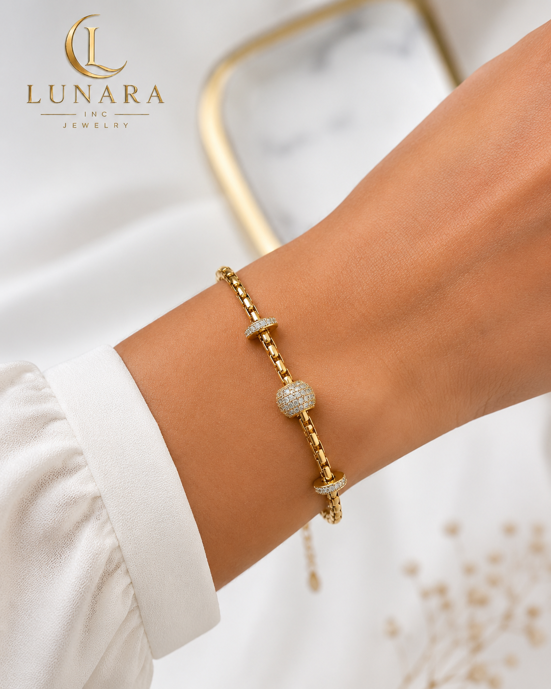 Golden Crystal Bead Box Chain Bracelet