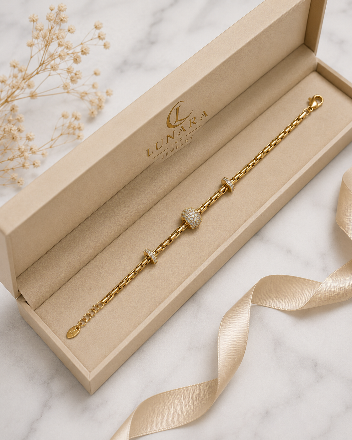Golden Crystal Bead Box Chain Bracelet