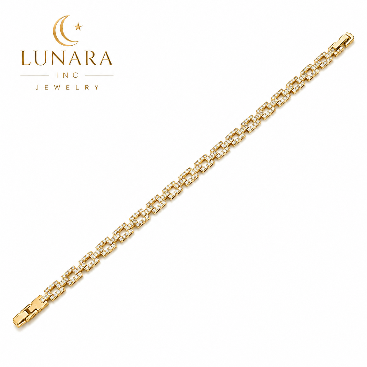 Luxury Rectangular CZ Link Bracelet – Gold Plated