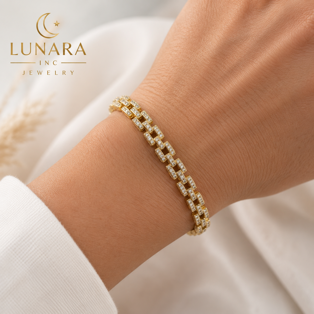 Luxury Rectangular CZ Link Bracelet – Gold Plated