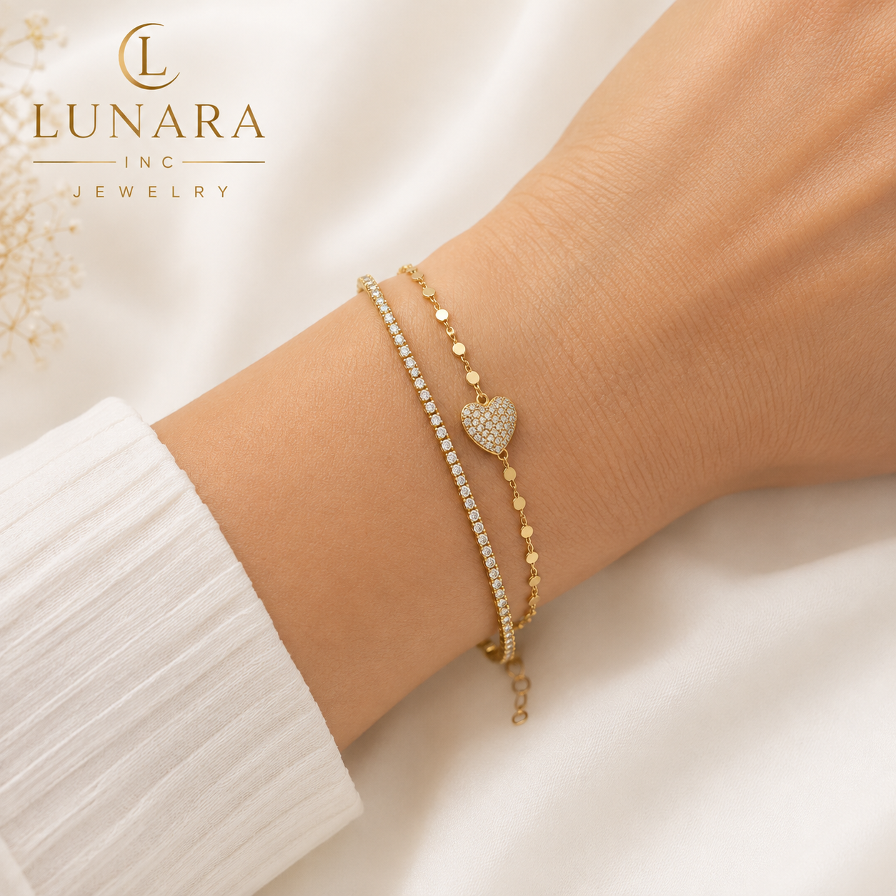 Layered Heart Tennis Bracelet – Gold Plated