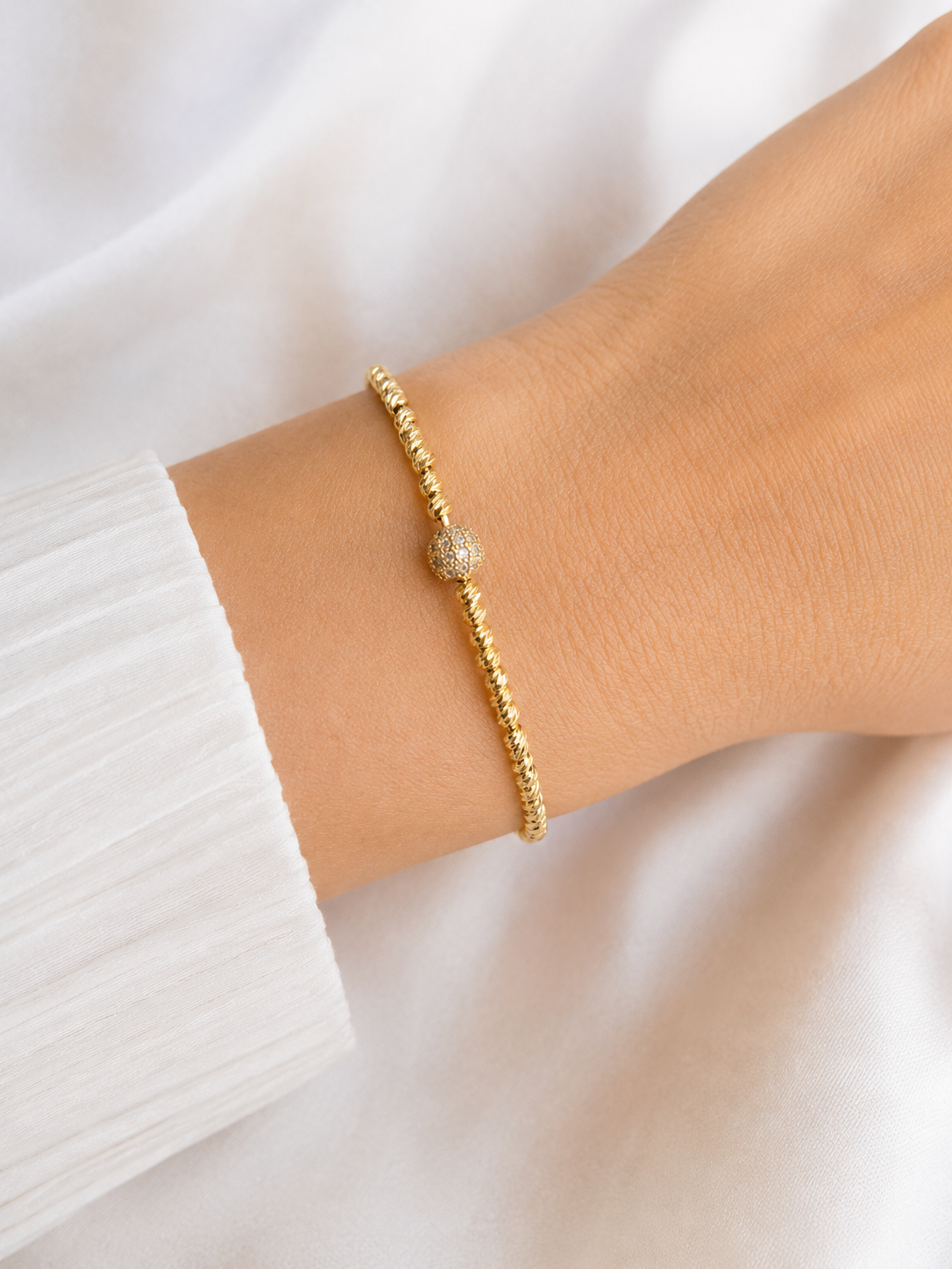 Twisted Gold Bracelet with Pavé Center Bead