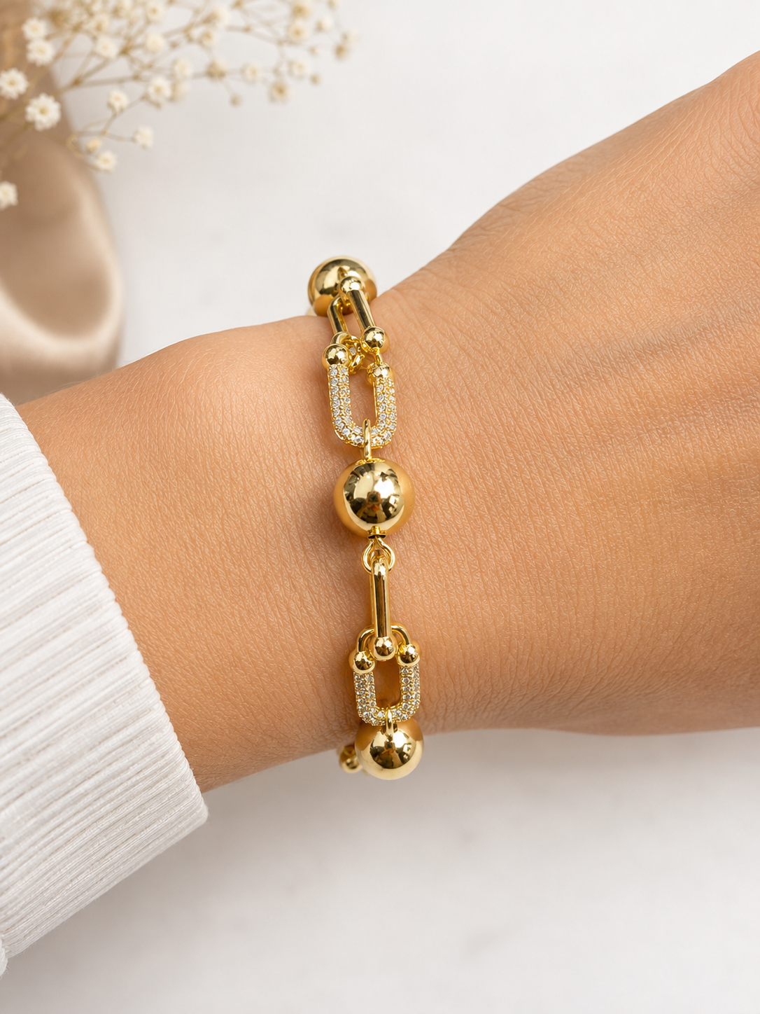 Gold Beaded & Pavé Link Bracelet