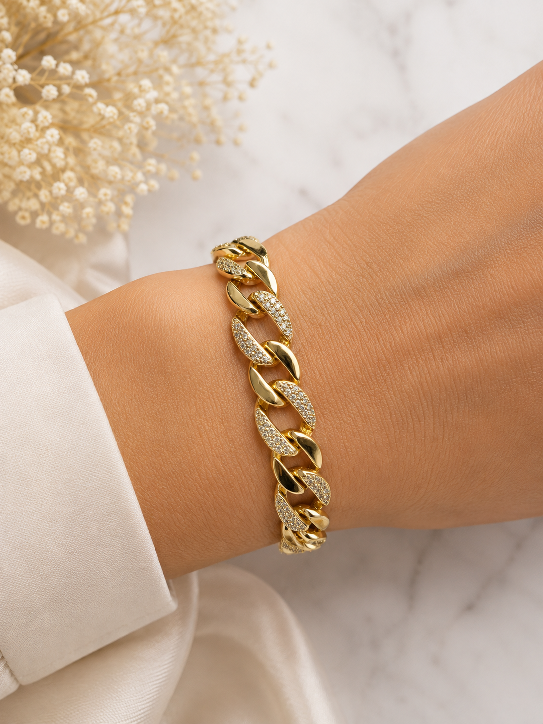 Gold Cuban Link Bracelet with Pavé Accents