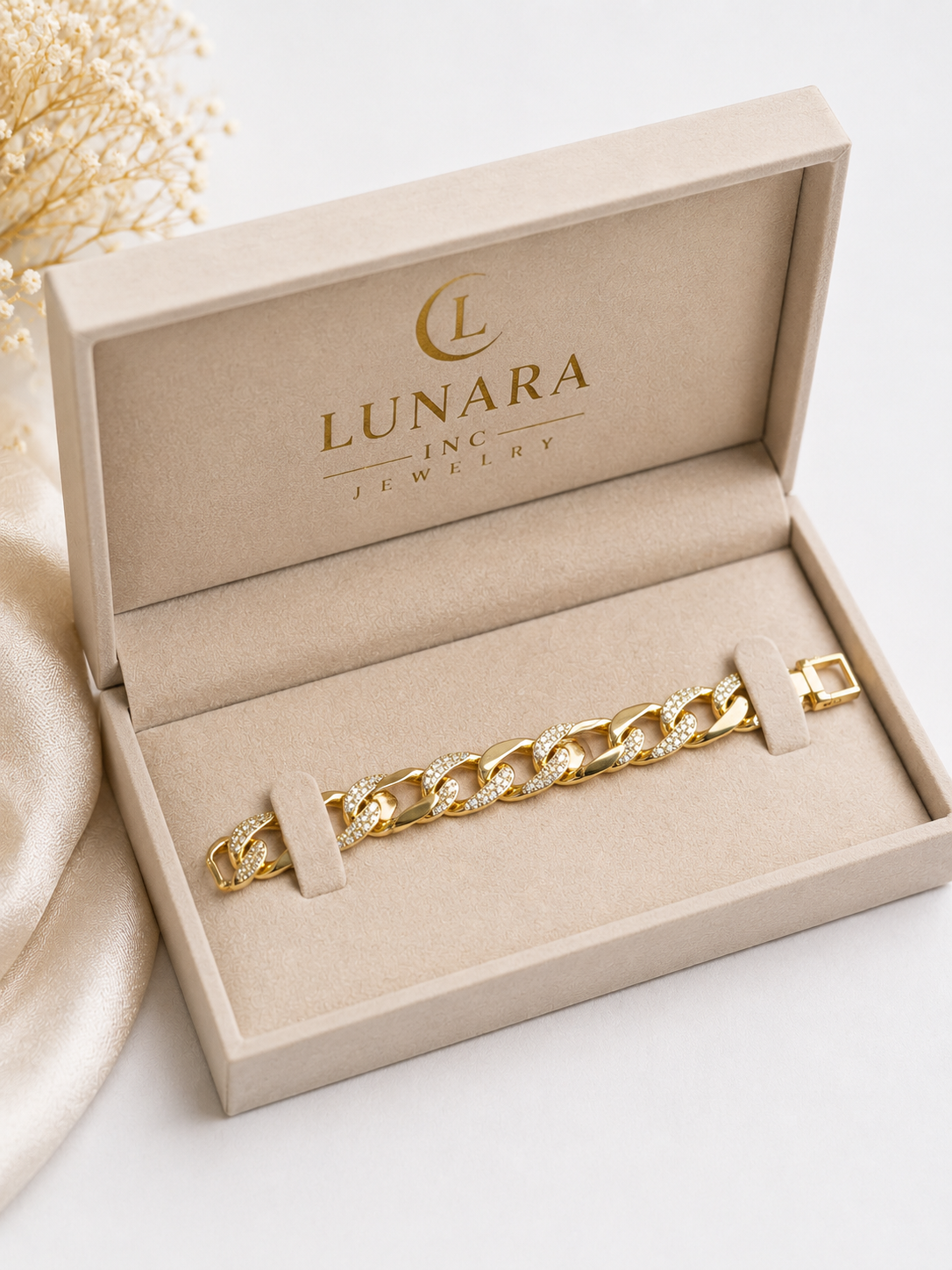 Gold Cuban Link Bracelet with Pavé Accents