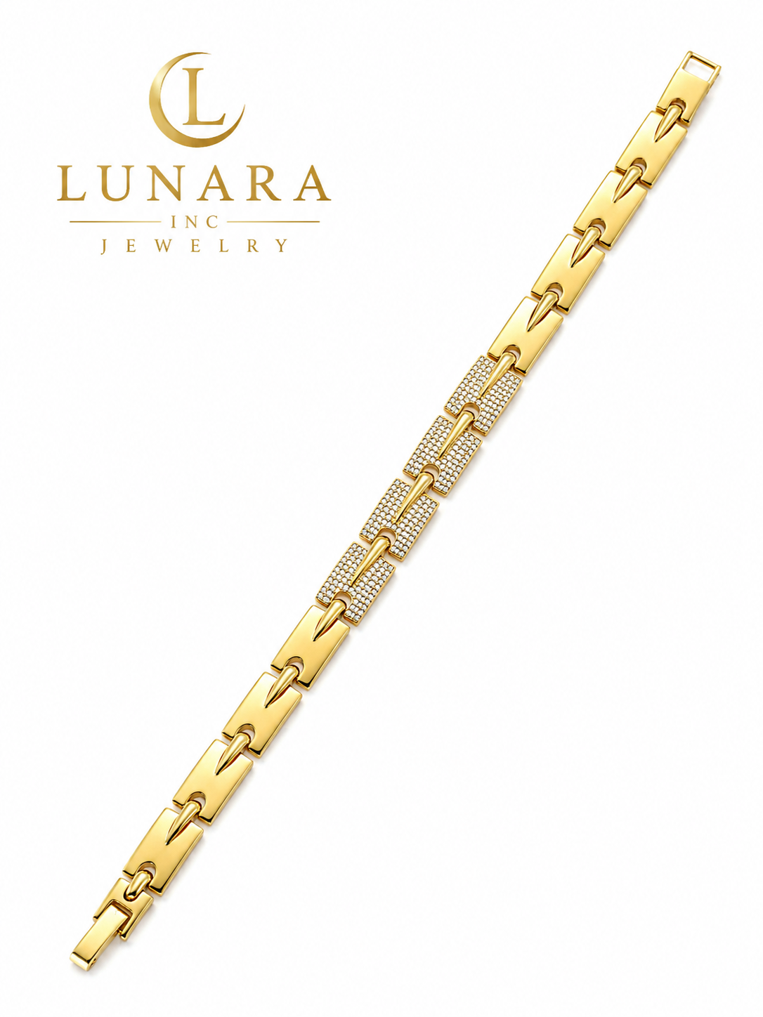 Gold Spike Link Bracelet with Pavé Center