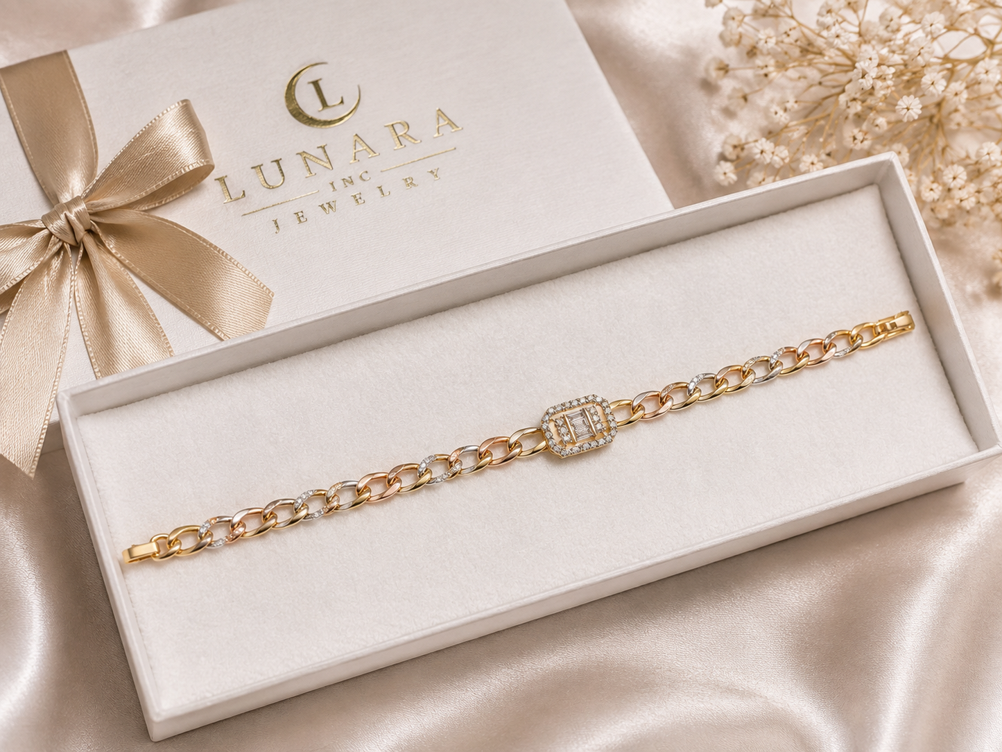 Tri-Color Baguette Link Bracelet
