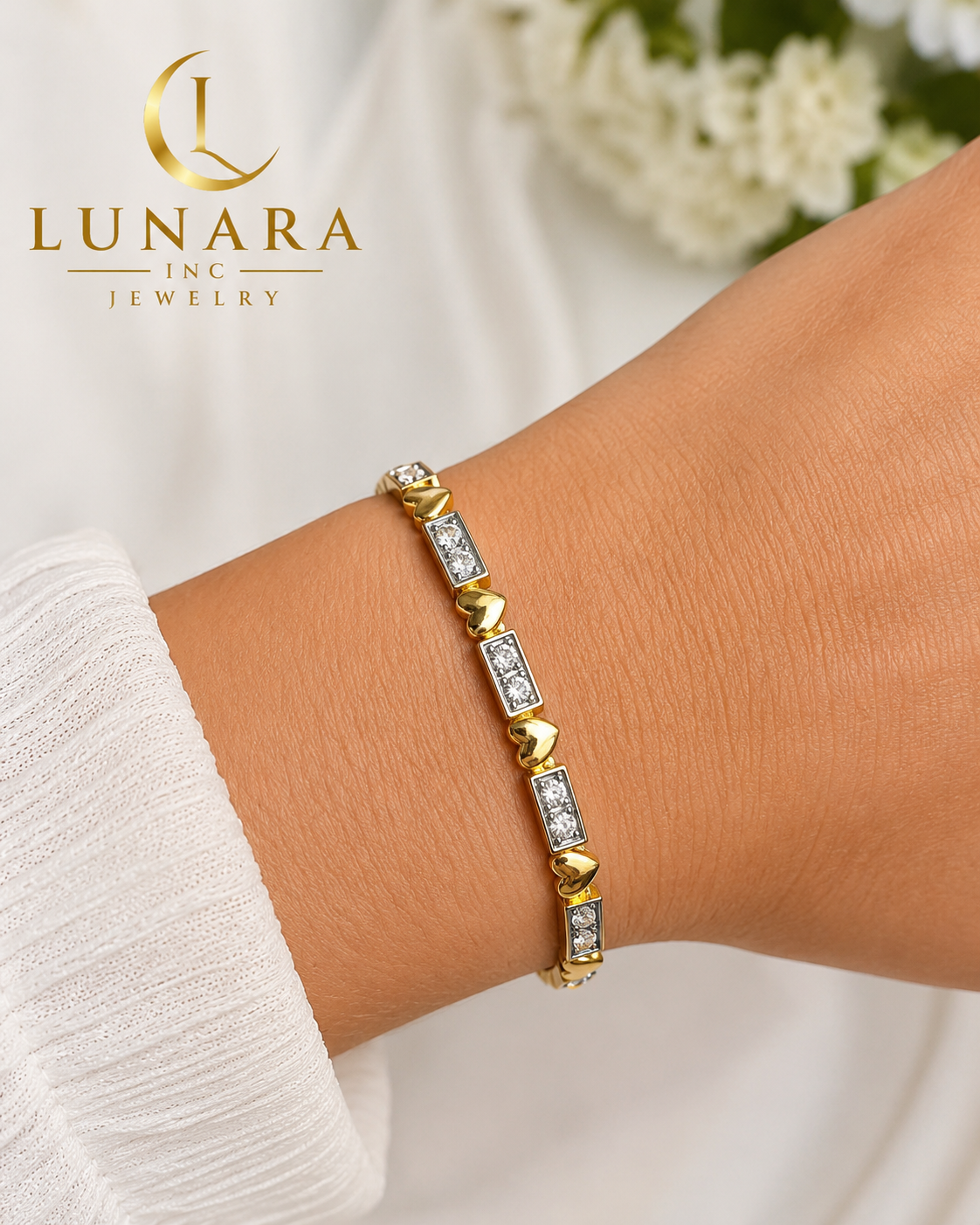 Lunara 18K Gold Heart & Zirconia Box Bracelet