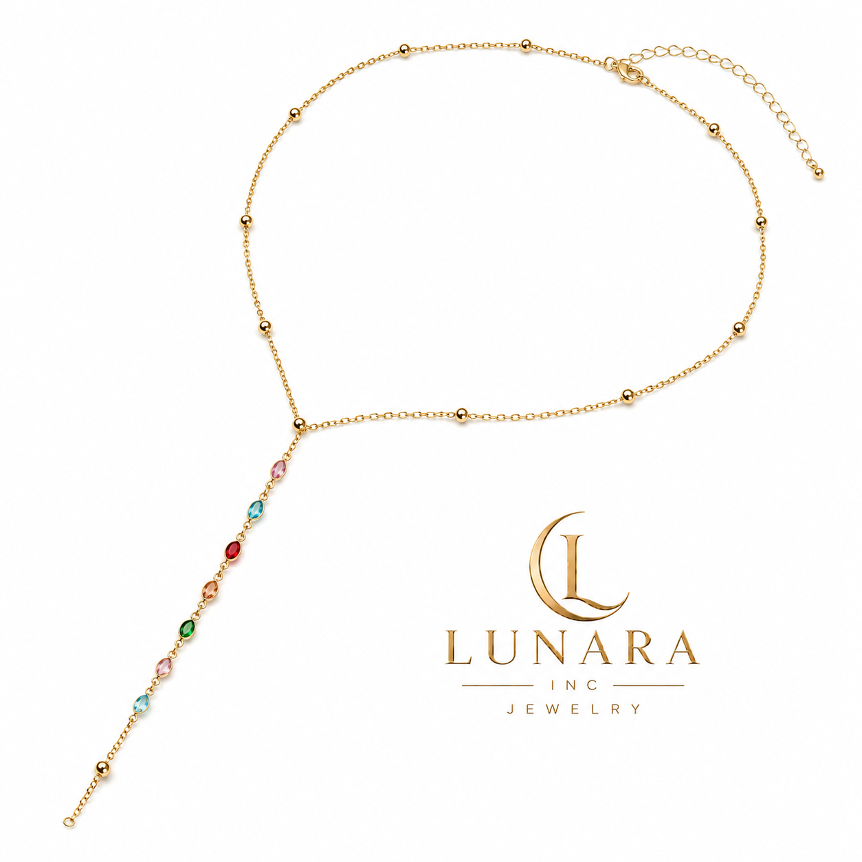 Rainbow Gemstone Y-Drop Lariat Necklace