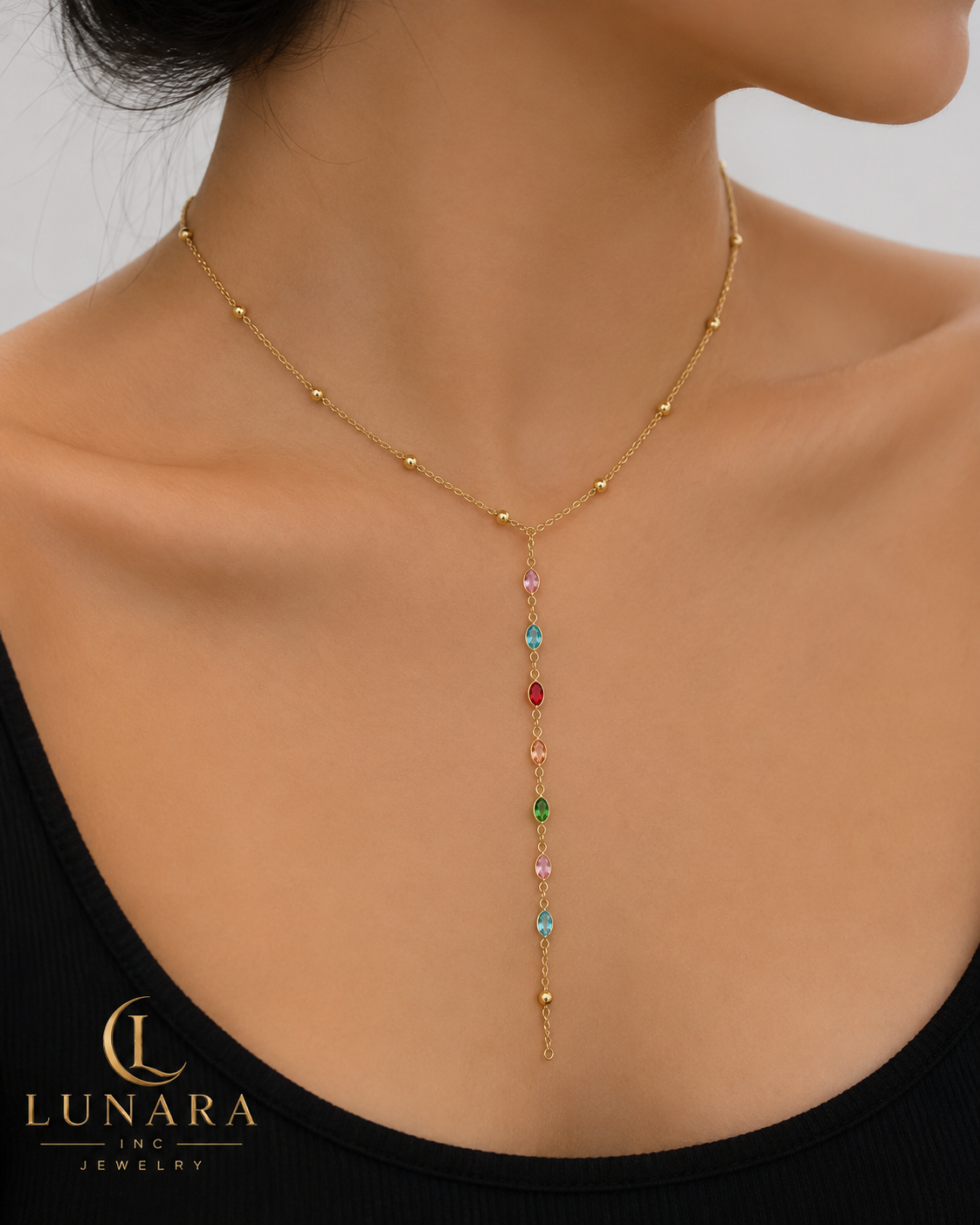 Rainbow Gemstone Y-Drop Lariat Necklace