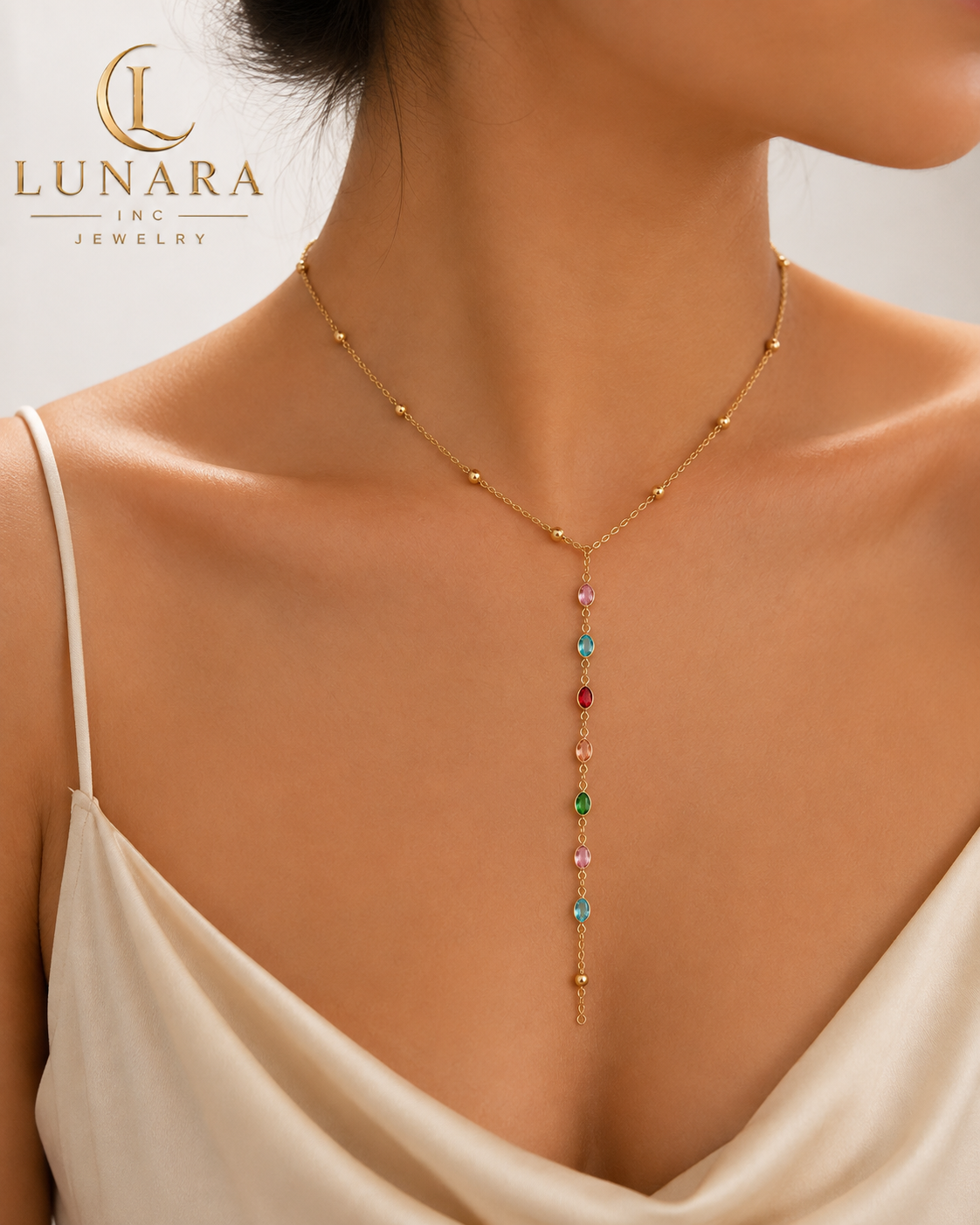 Rainbow Gemstone Y-Drop Lariat Necklace