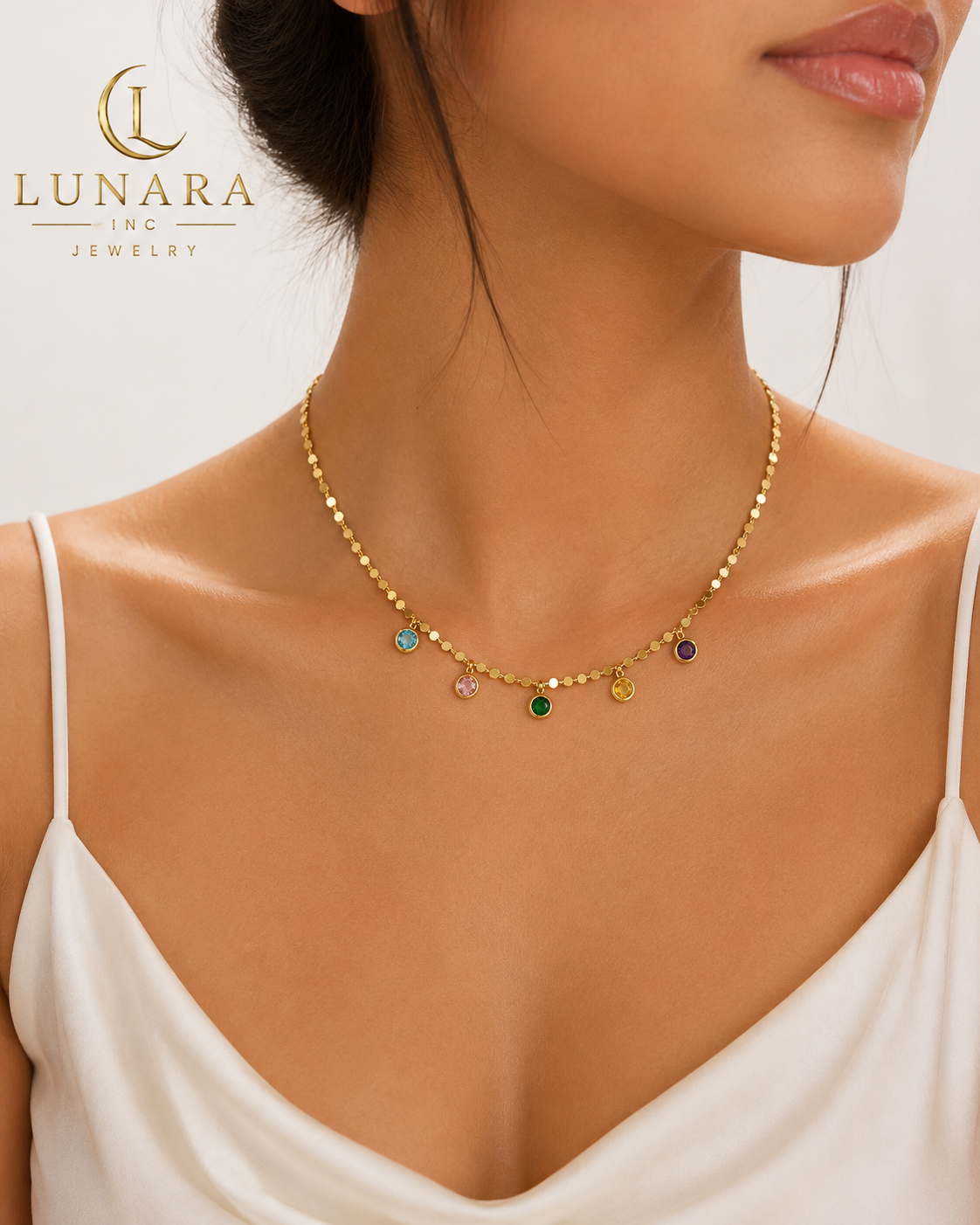 Multicolor Gemstone Disc Charm Necklace