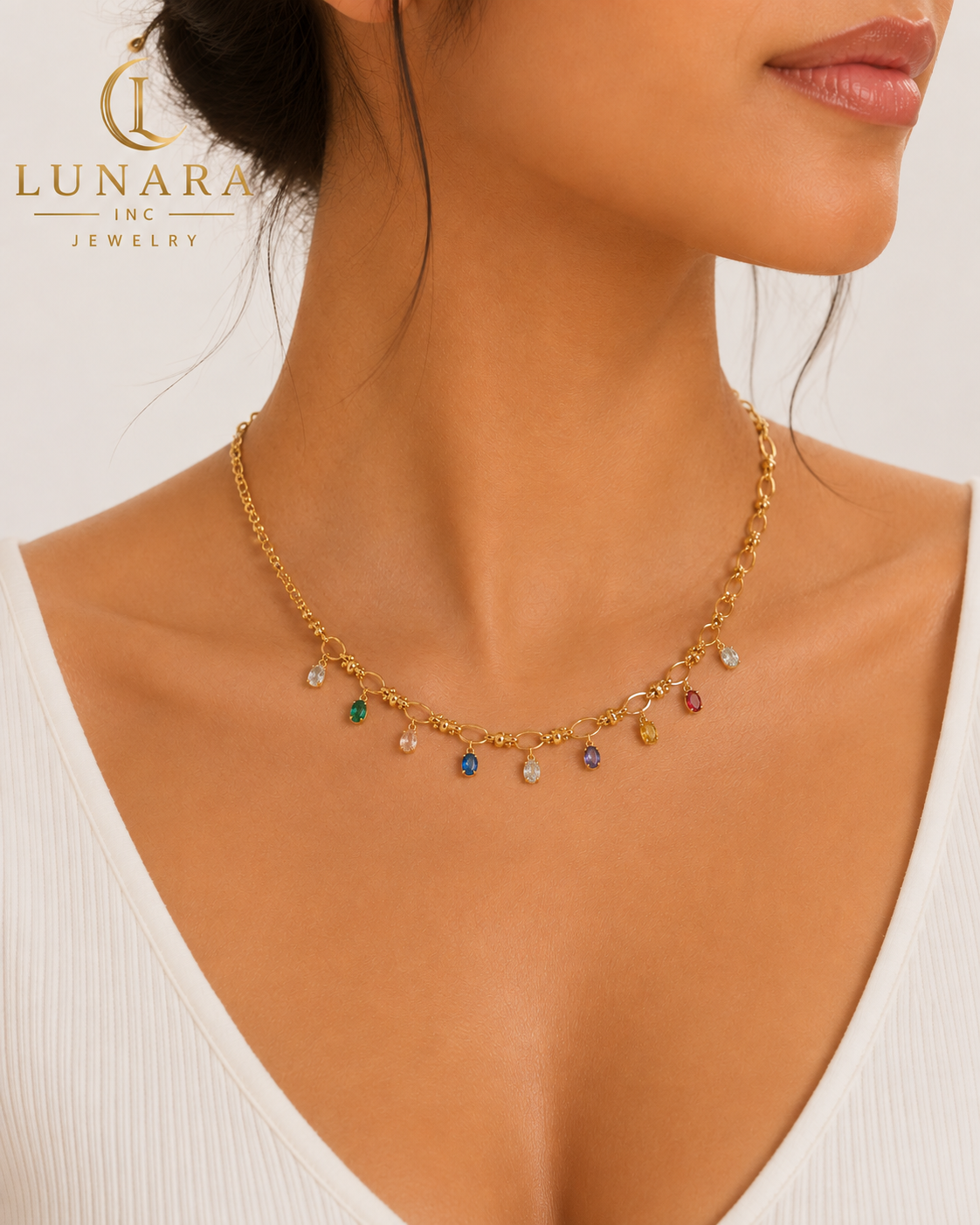 Rainbow Crystal Double Chain Necklace